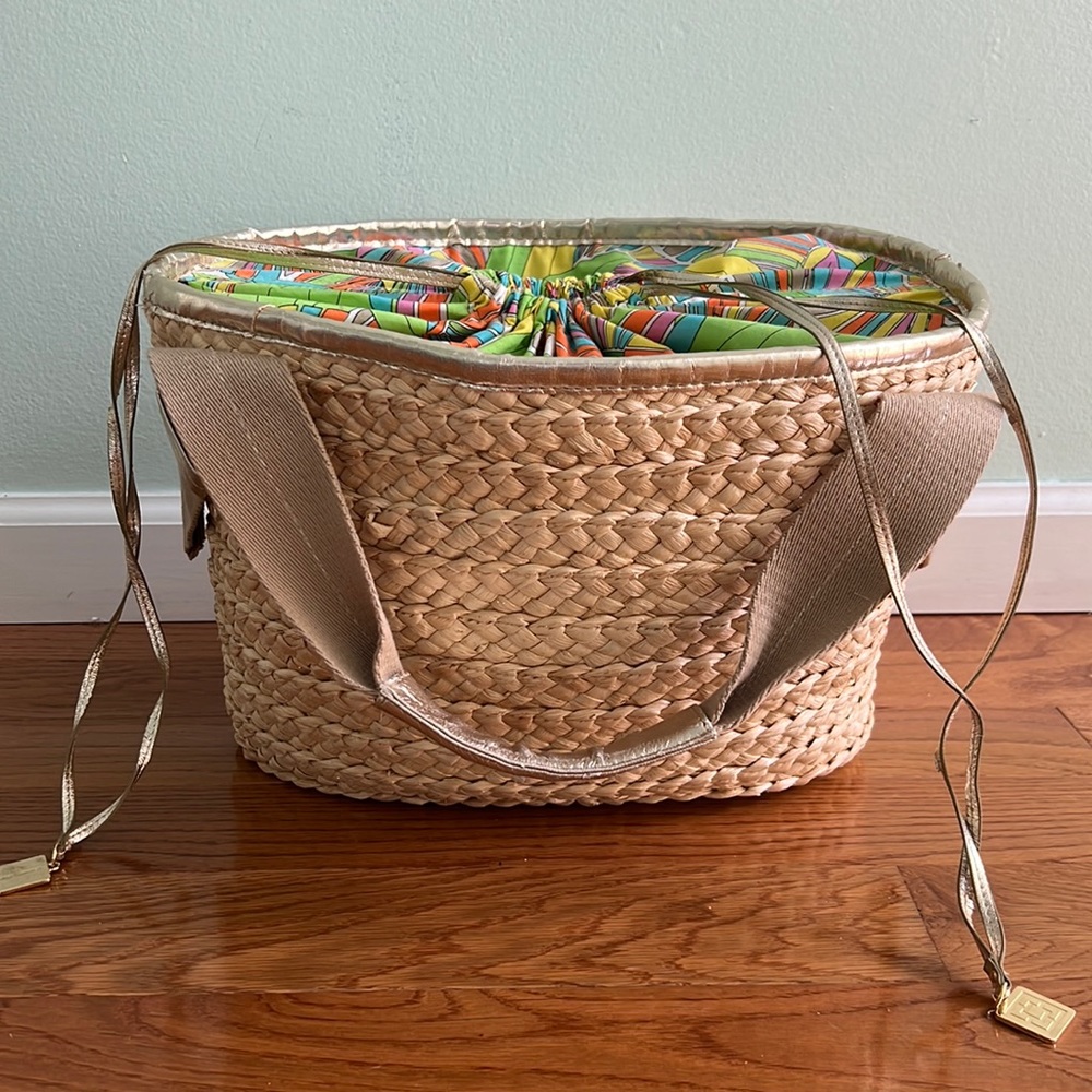 Trina Turk colorful lined woven beach bag barely worn. Can be used as a tote
